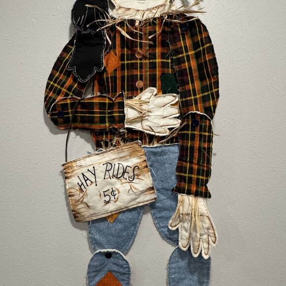 Handmade Vintage 48" Scarecrow Wall Decor Fabric Plaid Denim Articulated Hayride - Picture 5 of 13